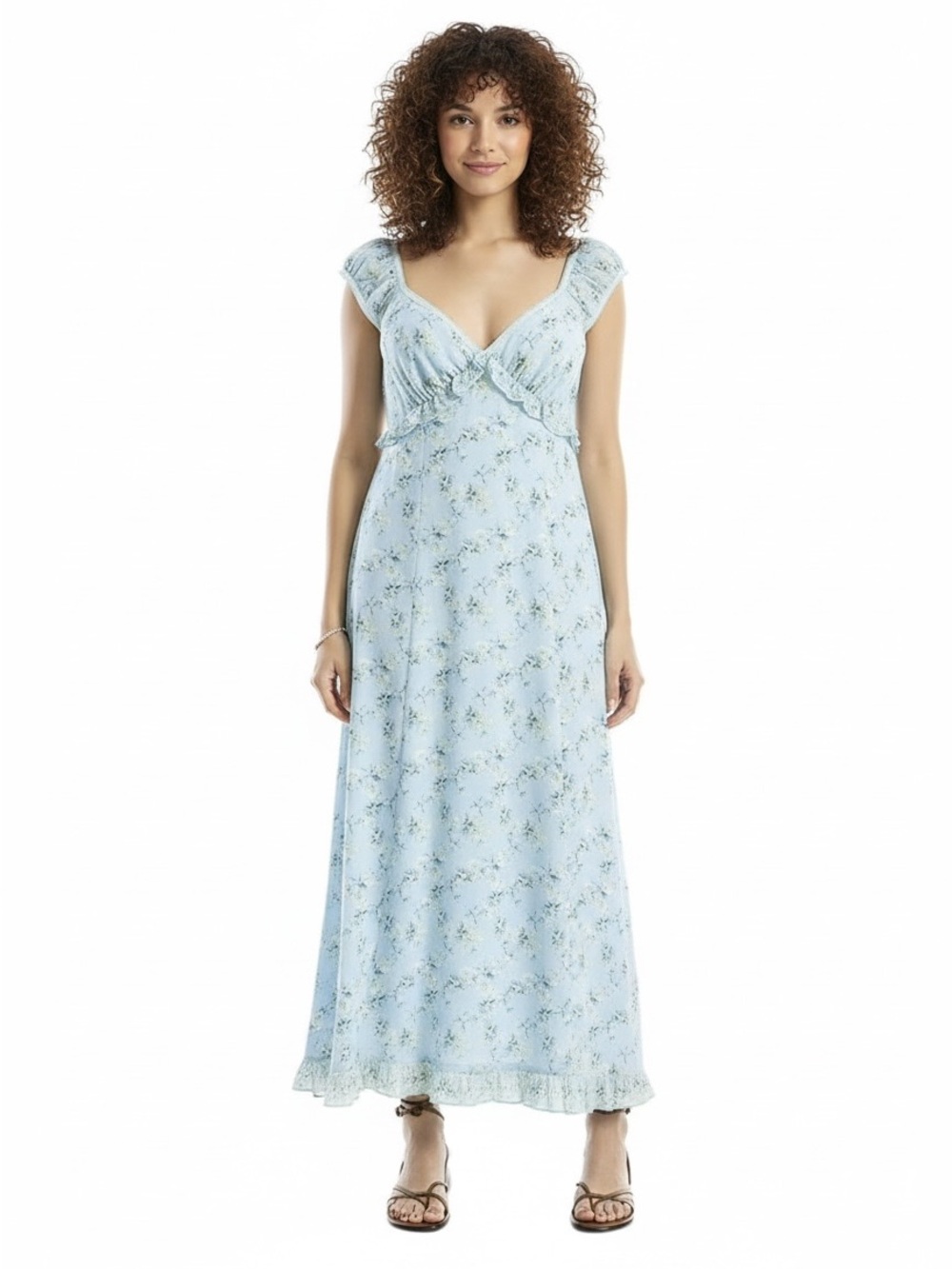 Max Studio Light Blue Floral Ruffle Maxi Dre